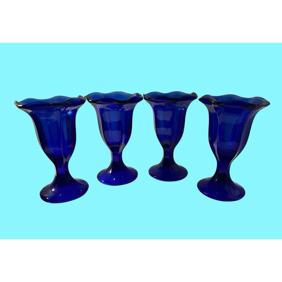 4 Cobalt Blue Glass Ice Cream Sundae Parfait Tulip Goblets 6" Anchor Hocking - Picture 5 of 8